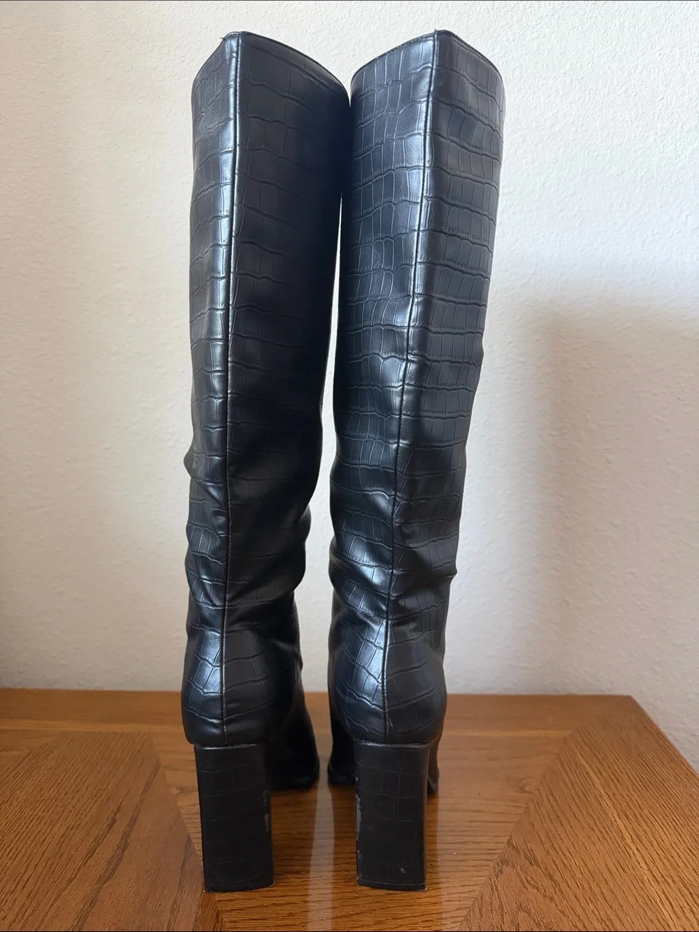 Tall Black Crocodile Embossed Over-the-Knee Boots